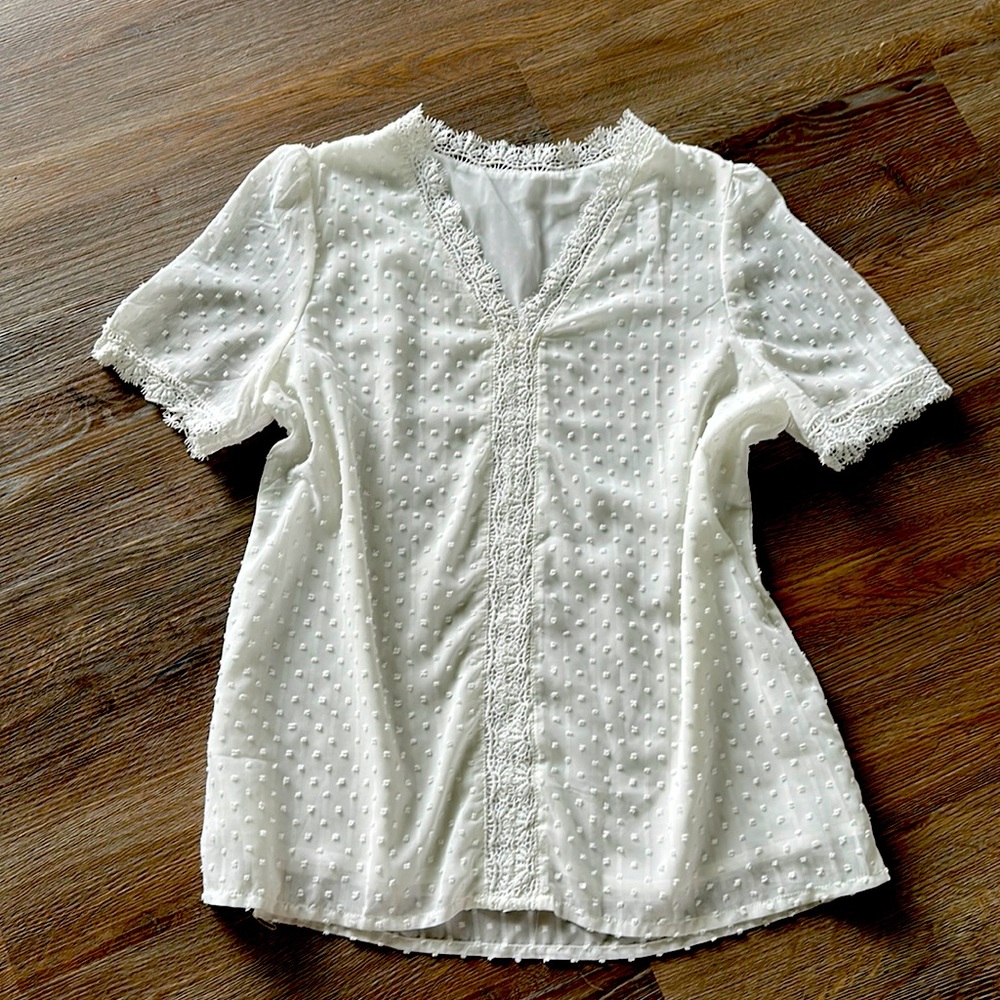 Swiss dot lace trim blouse. NWOT